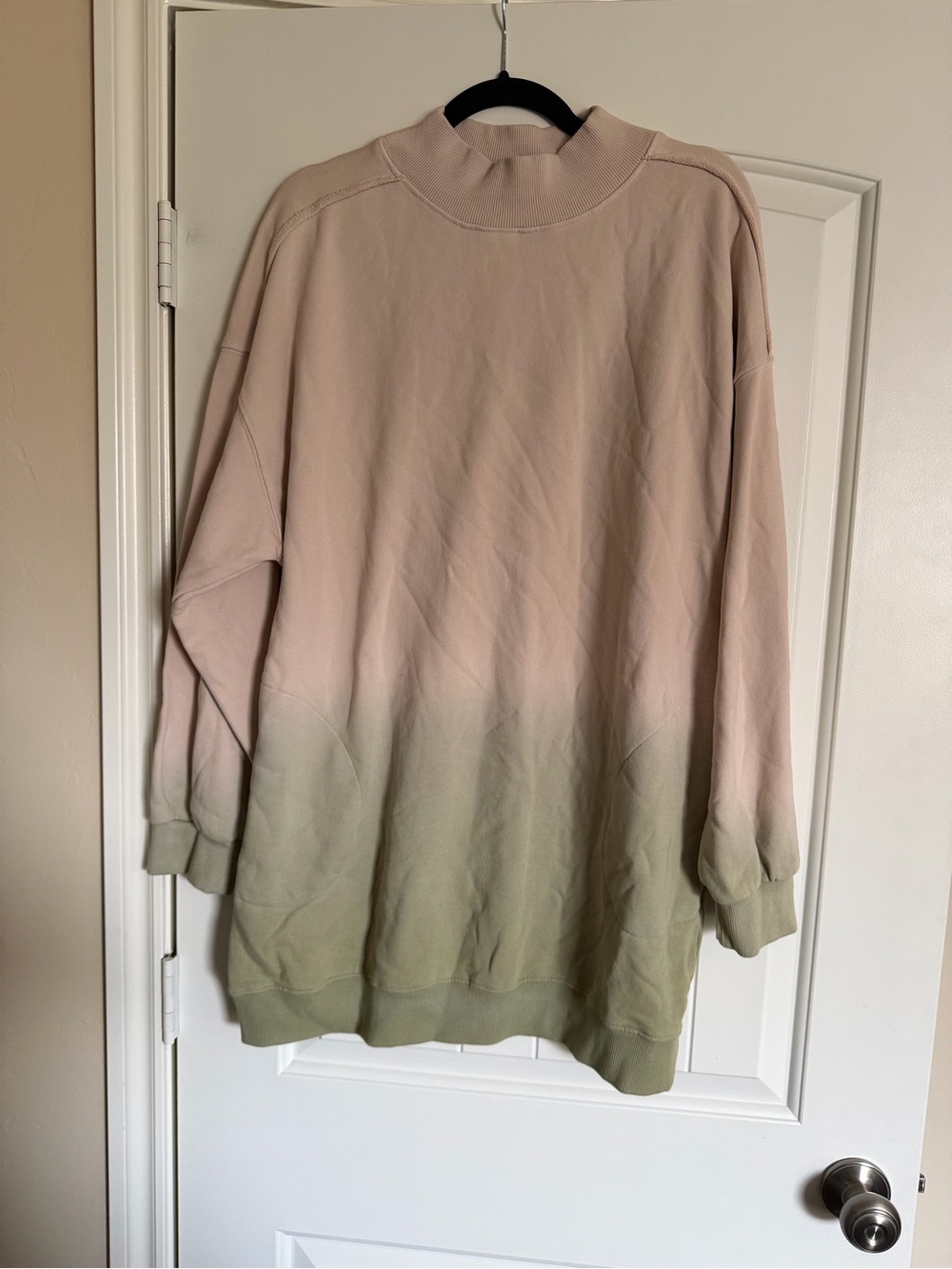 Blush Pink Sage Green Ombre Oversized Mock Neck Tunic Sweatshirt Pockets